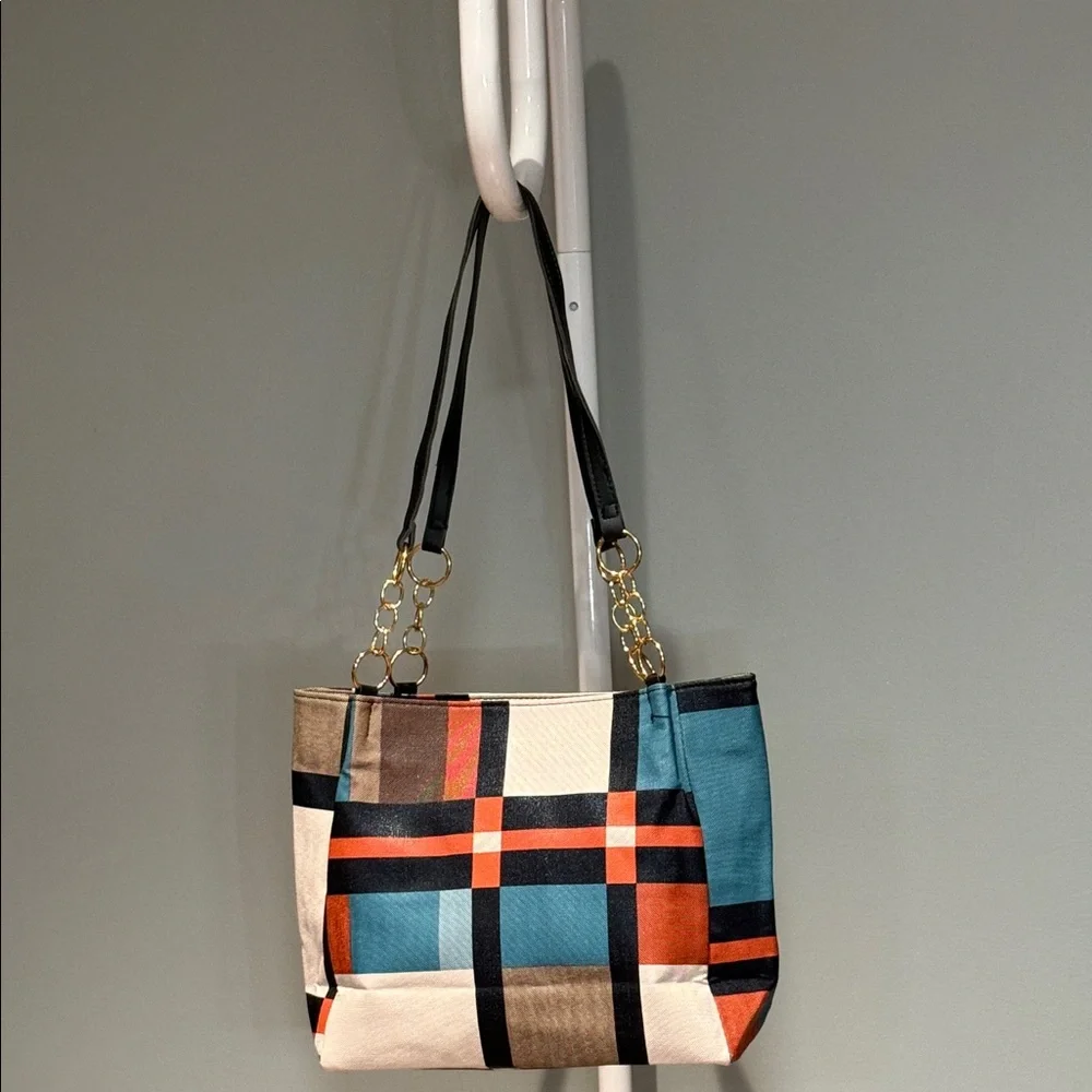 Plaid Canvas Tote Bag with Gold Chain Handles NWOT - Picture 2 of 5